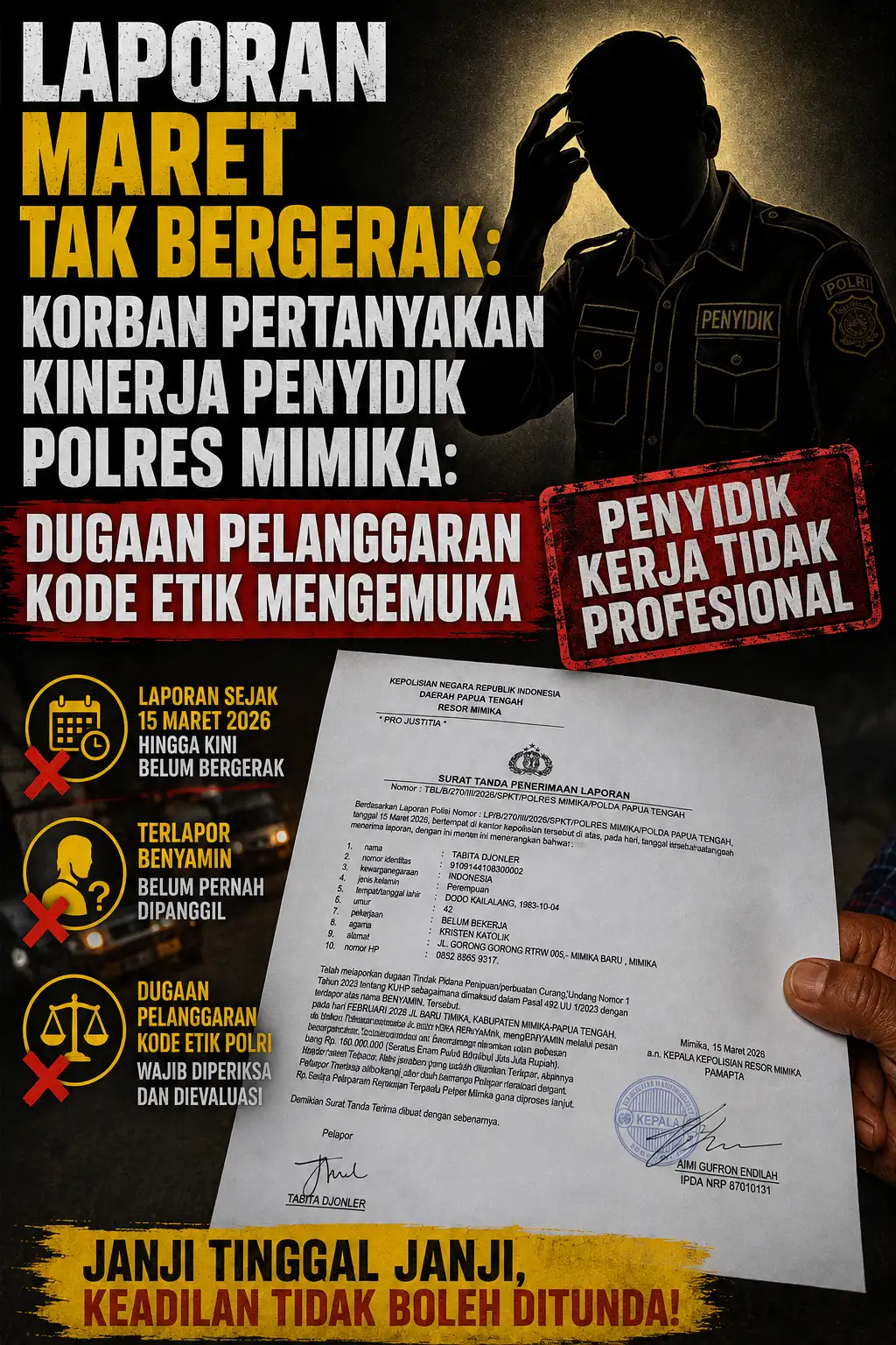 Laporan Maret Tak Bergerak, Korban Pertanyakan Kinerja Penyidik Polres Mimika: Dugaan Pelanggaran Kode Etik Mengemuka