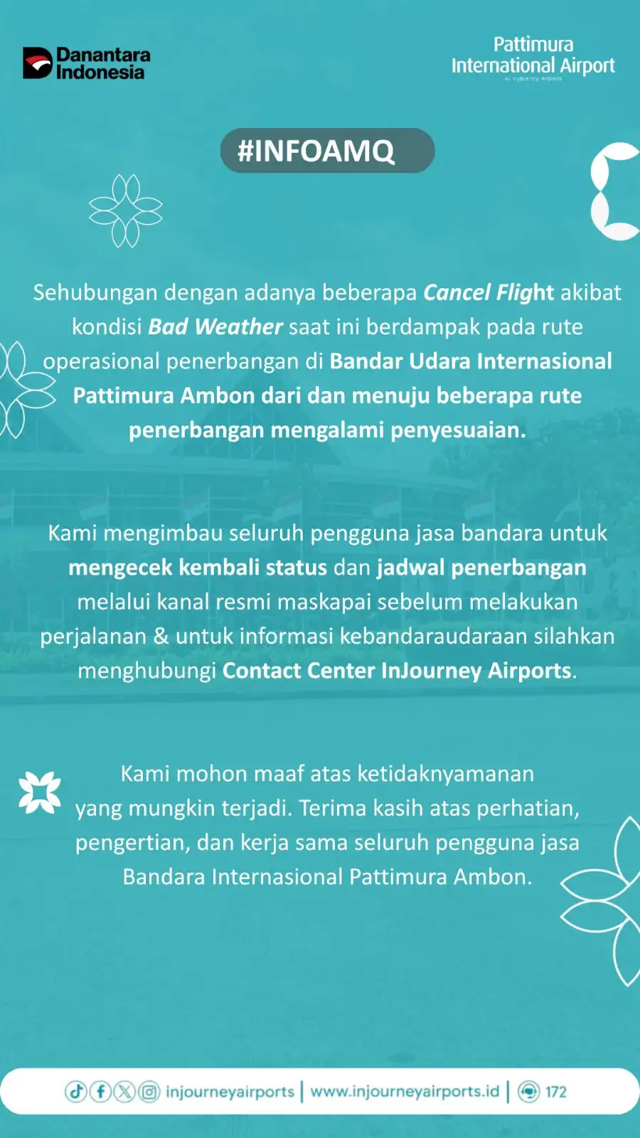 DAMPAK KABUT ASAP KARHUTLA, PEMBATALAN PENERBANGAN DI BANDARA INTERNASIONAL PATTIMURA AMBON MASIH BERLANJUT